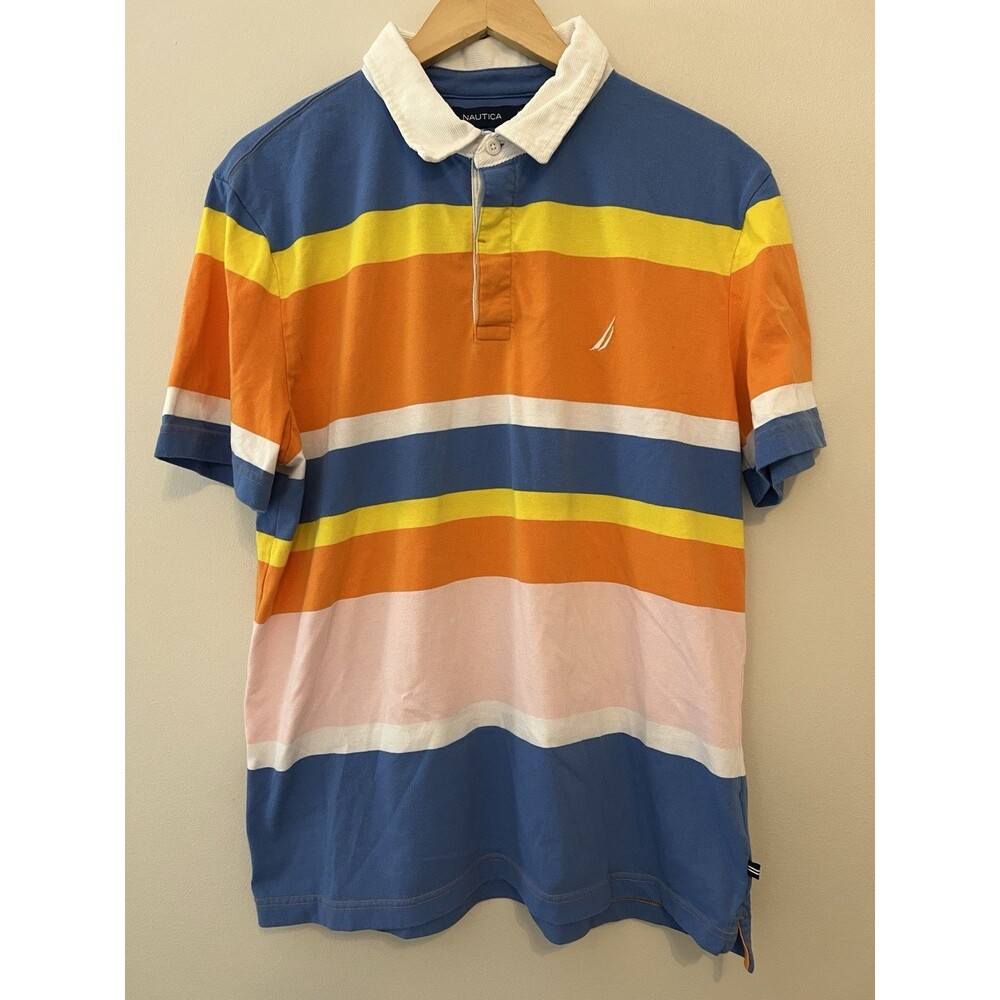 Nautica Classic Fit Striped Rugby Polo Men’s Large corduroy collar